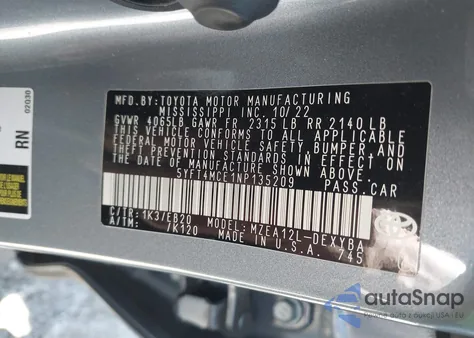 2022 Toyota Corolla Xse from USA, damaged, VIN 5YFT4MCE1NP135209